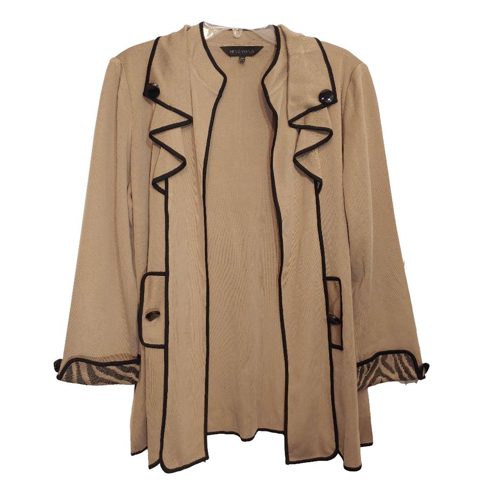Ming Wang Tan Ruffle Collar Knit Cardigan Sweater